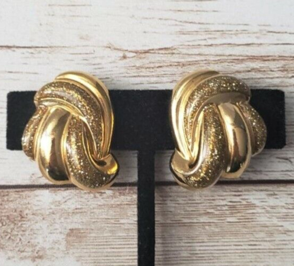Vintage Clip On Earrings - Gold Tone with Gold Tone Glitter